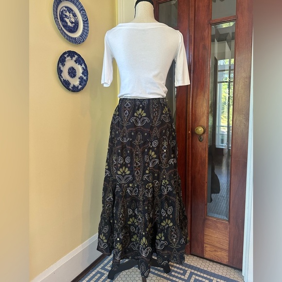 CHICO’S | Tiered Black Maxi Skirt Boho Embroidery & Sequins, Size S - Picture 2 of 10